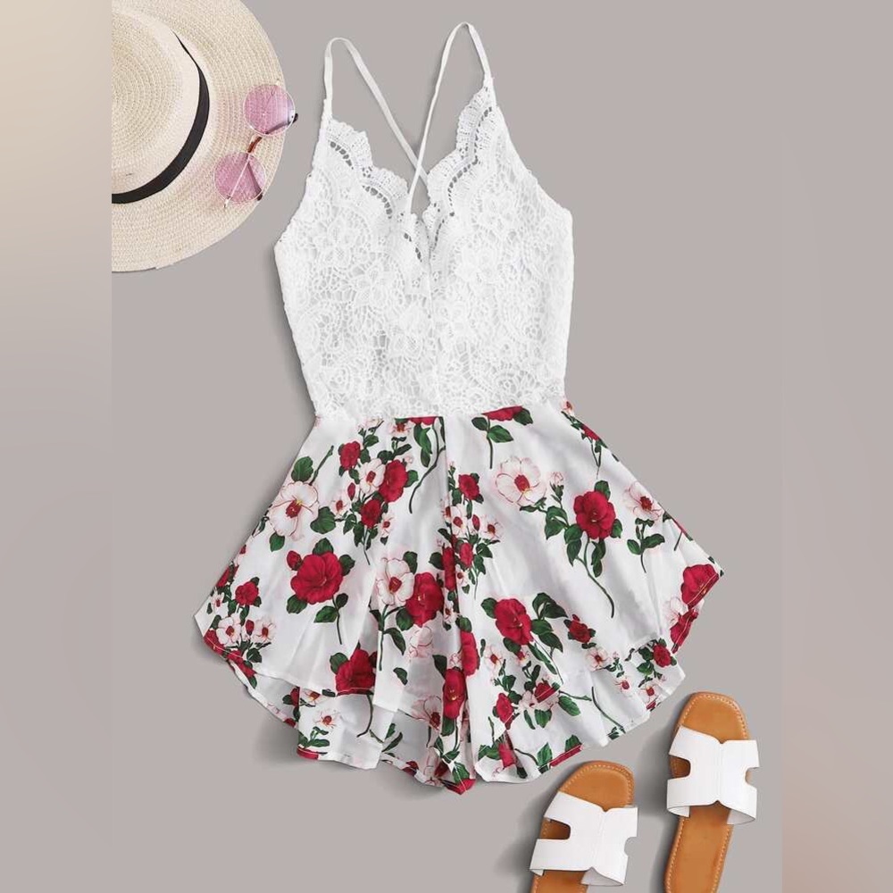 Womens Plus Size Boho Floral Lace Front Crisscross Back High Waist Romper Shorts